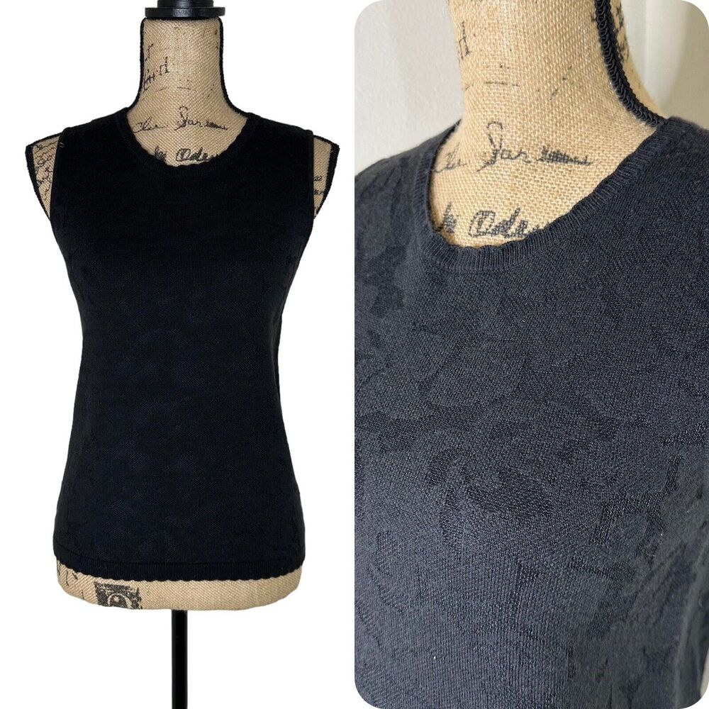 Ann Taylor Wool Blend Top Womens Sz M Black on Black Floral Scallop Whimsigoth